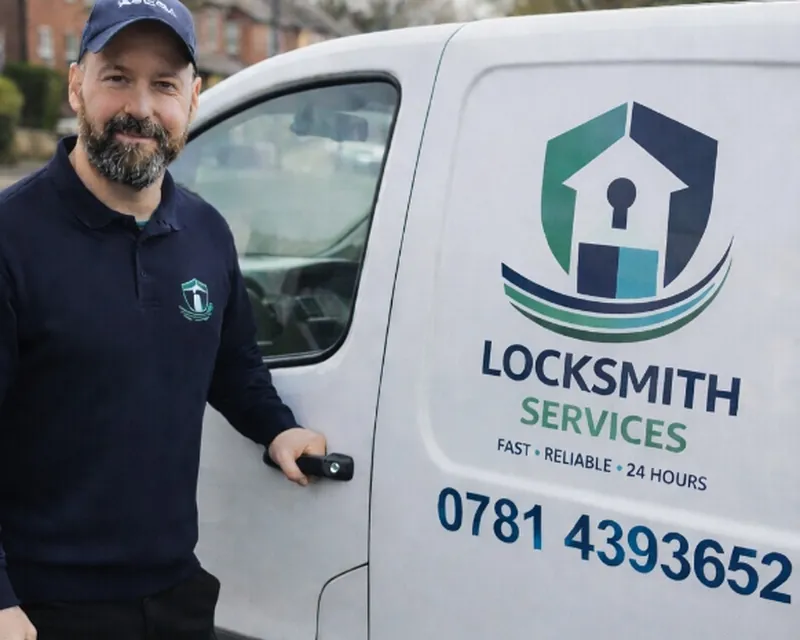 Radu, the local locksmith in Leeds standing beside the locksmith van